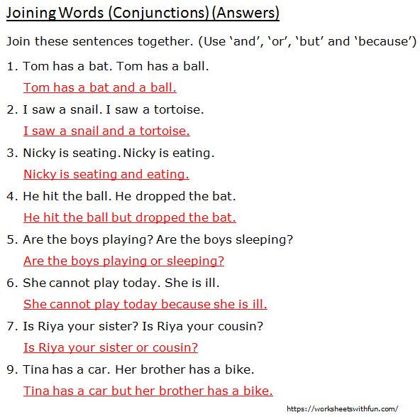 English Class 1 Joining Words Join Sentences Together Worksheet 2 Answers 